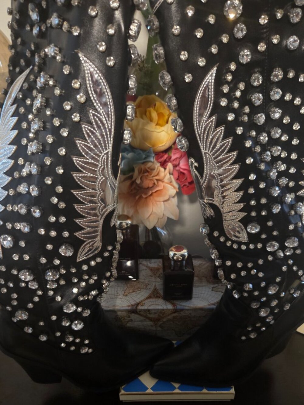 Black Crystal‑Studded Western Boots • Wing Embroidery • Statement Cowgirl Boot